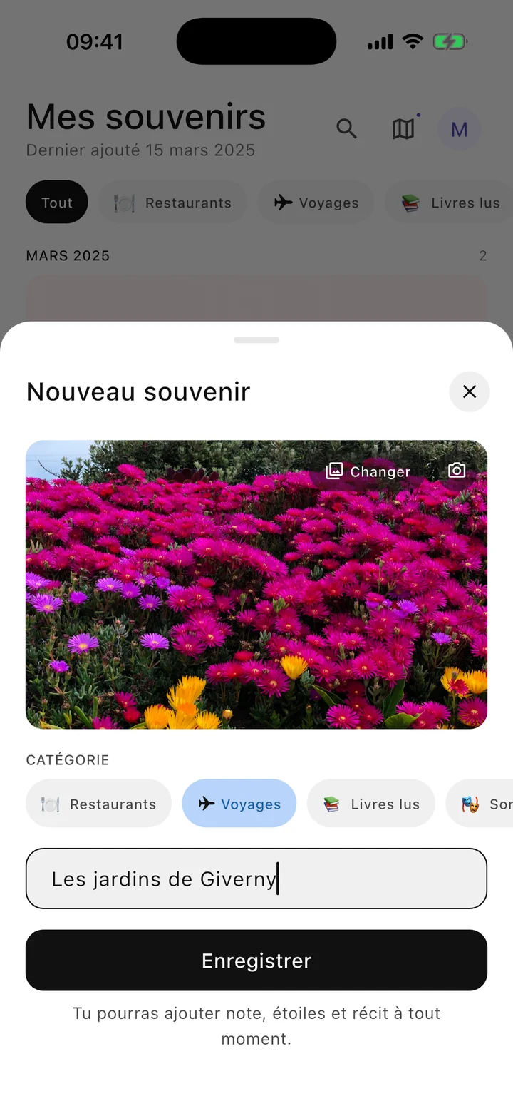 L'ajout d'un souvenir : une photo, une catégorie, un titre