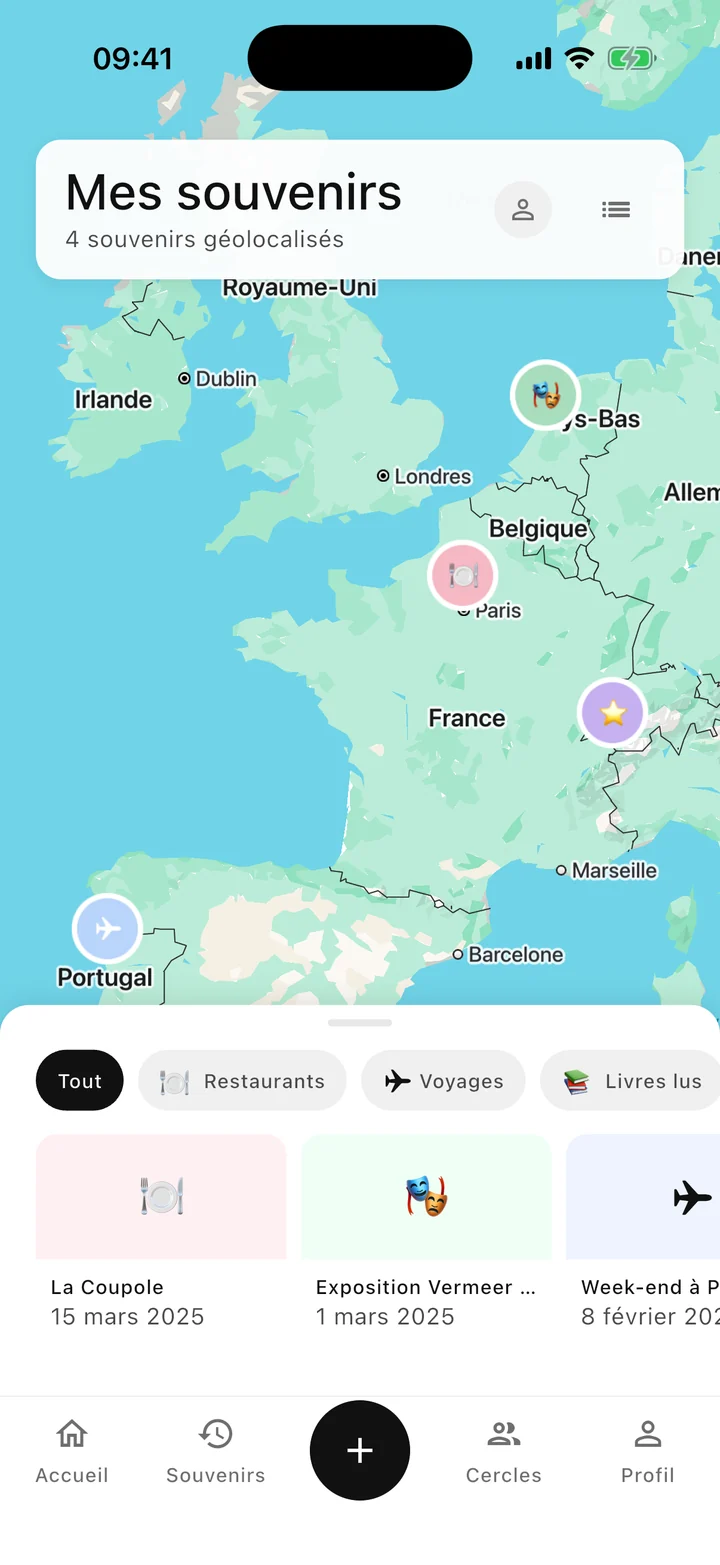 La carte des souvenirs géolocalisés, avec un repère par catégorie
